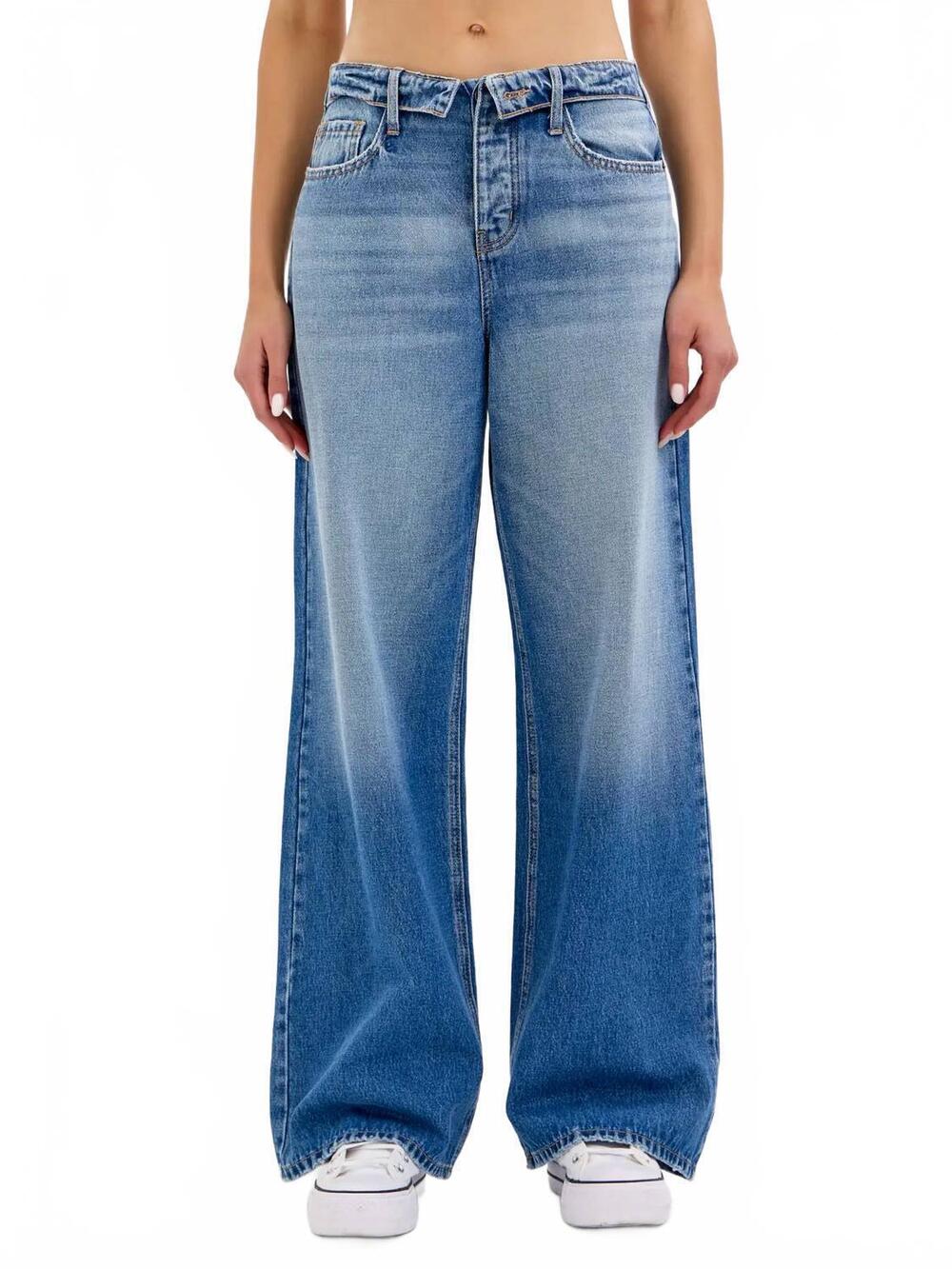 NEW CELLO folded waistband wide leg jeans in medium wash